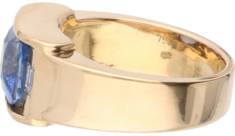 Heren zegelring geelgoud, ca. 0.20 ct. diamant en natuurlijk bauwe saffier - 18 kt.