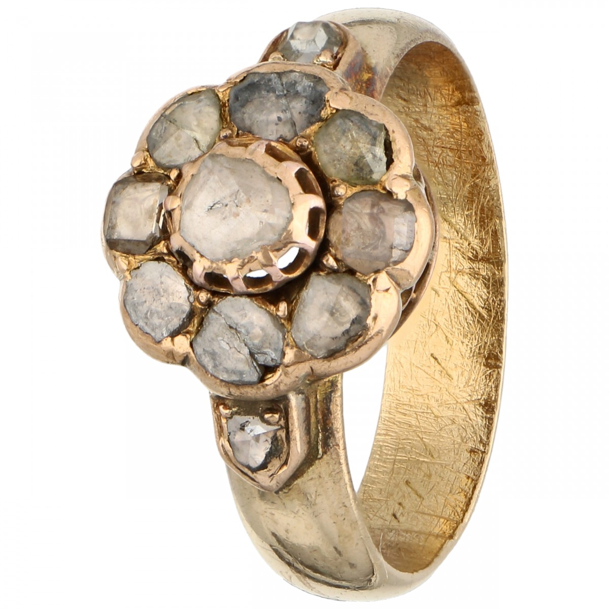 Geelgouden shoulder ring, met 11 roos/vierkant geslepen diamanten - 18 kt.