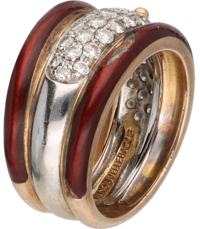 La Nouvelle Bague bandring bicolor goud, ca. 0.72 ct. diamant en bruin/rode emaille - 18 kt.