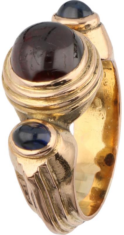 Jacob de Groes design ring geelgoud, saffier en roze toermalijn - 14 kt.