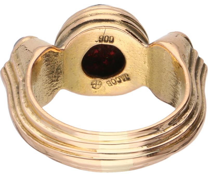Jacob de Groes design ring geelgoud, saffier en roze toermalijn - 14 kt.