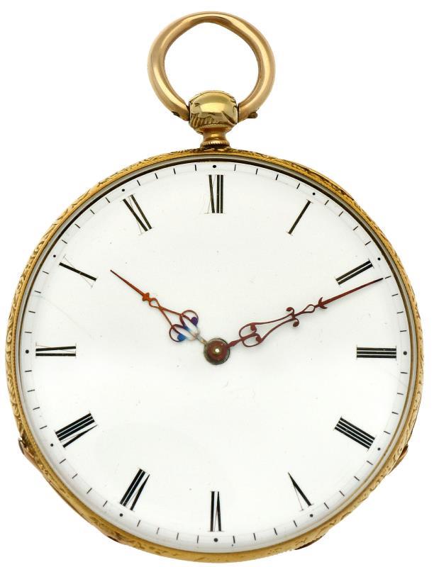 Zakhorloge goud, cylindergang - Herenzakhorloge - Handopwindbaar - Ca. 1870.