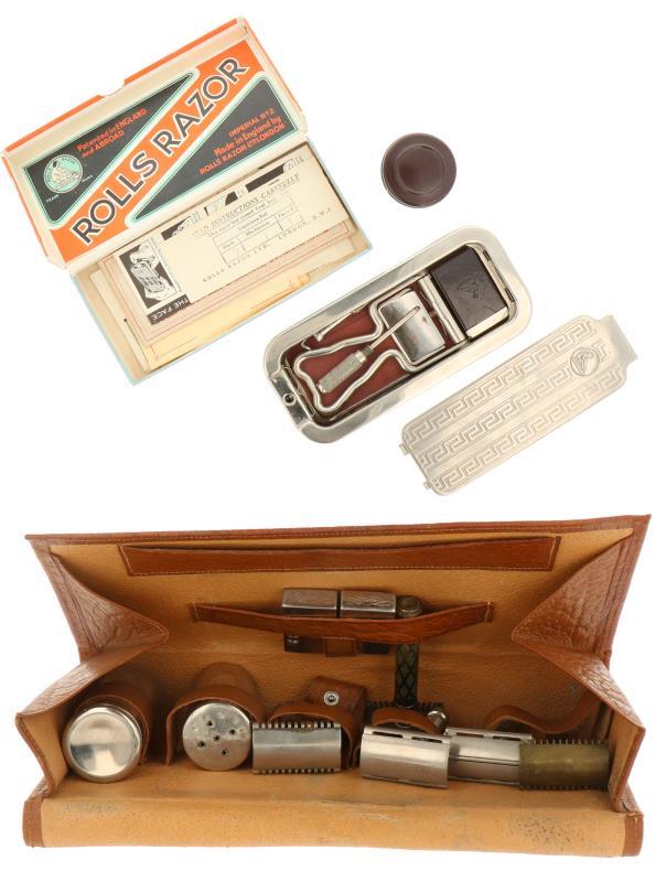 Een reisetui met scheerset met daarbij een Rolls Razor Imperial in nieuwstaat in doos. 