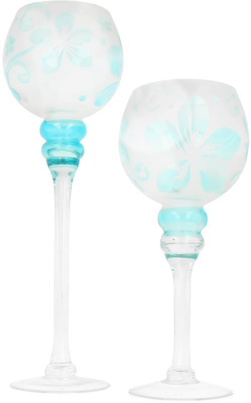 Een set van twee grote windlichten op voet met geëtst decor. Eind 20e eeuw.