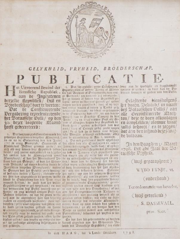 Een decreet gedateerd 31 Maart 1798 mbt de Bataafse Revolutie van Dr. Wibo Fijnje (Zwolle 1750 - 1809 Amsterdam). Coupepleger, Unitariër en Lid van het Radikale Bewind. 