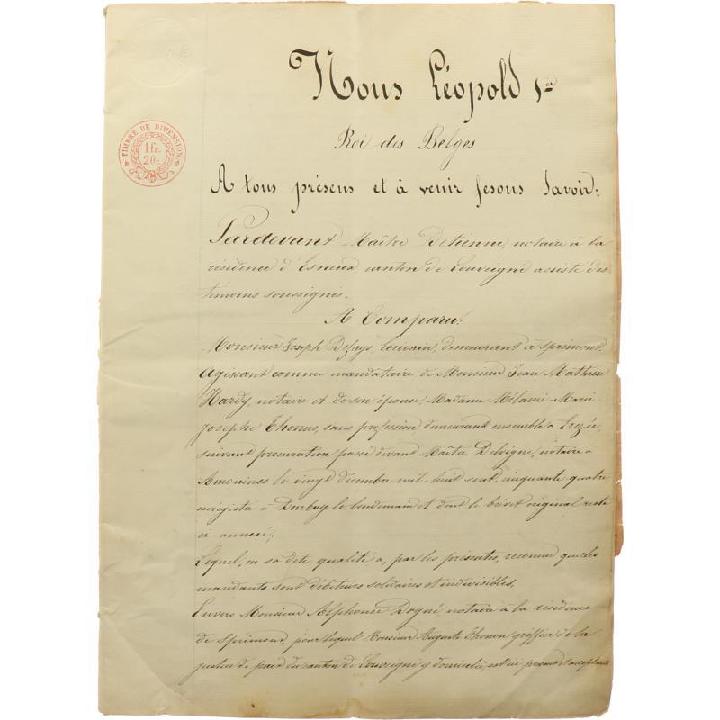 Een handgeschreven document. In naam van Leopold I van België.