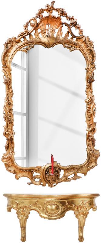 Een houten wandspiegel met console. 20e eeuw.