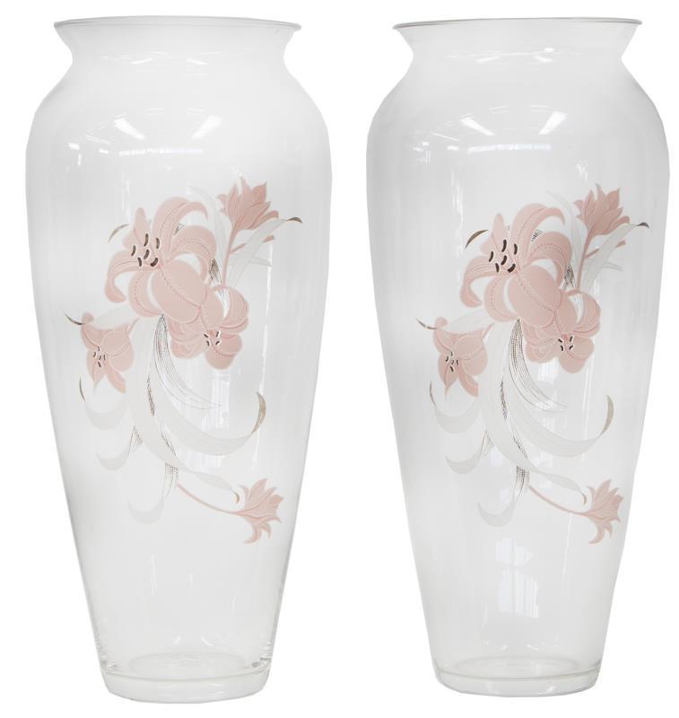 Een set van twee glazen vazen, transfer decor. Eind 20e eeuw.
