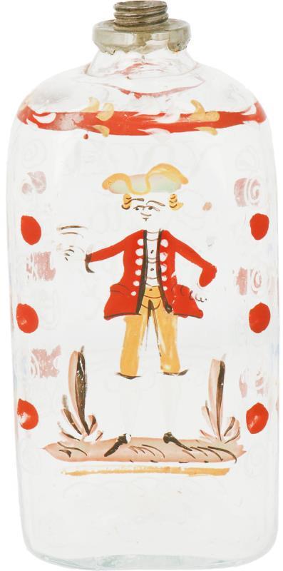 Een glazen flesje beschilderd met cavalier. Circa 1800.