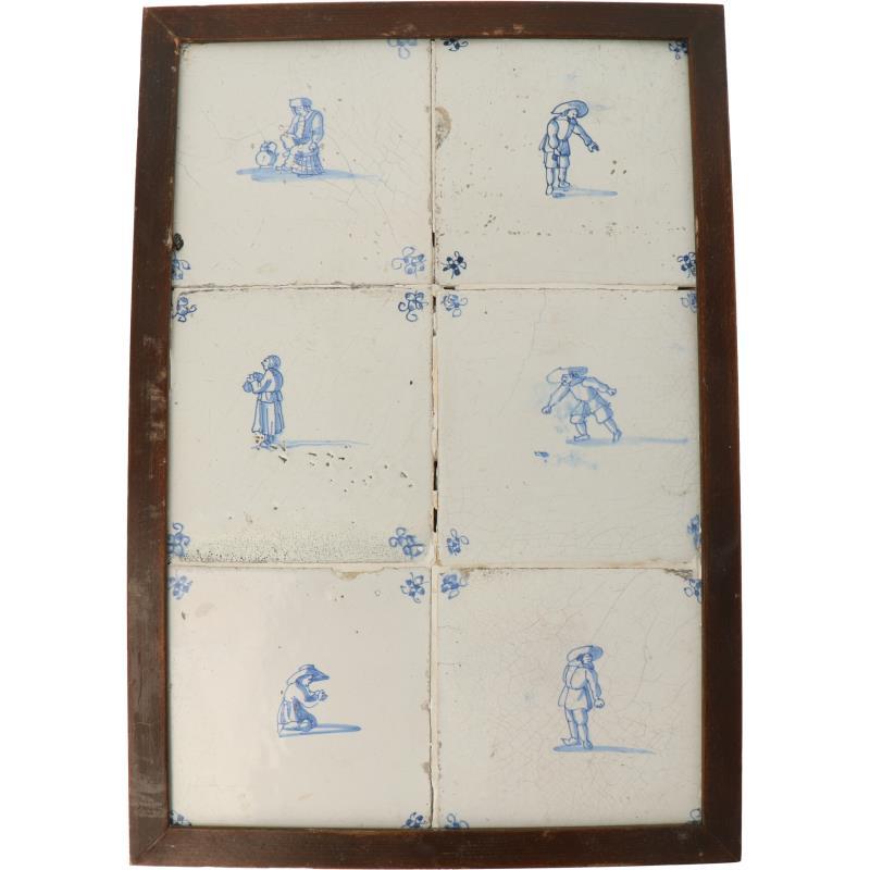 Een set van 6 ingelijste tegels. 18e/19e eeuw.