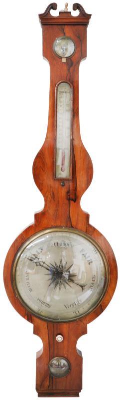 Een mahonie gefineerde banjobarometer met hygrometer en thermometer. Engeland, 19e eeuw.
