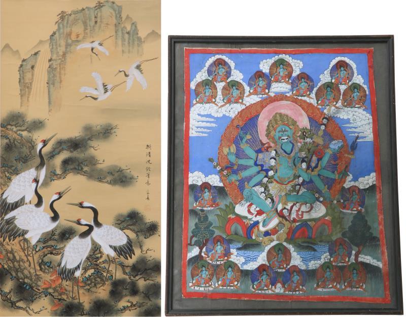 Een lot van een thanga en een aquarel op papieren rol. China, 20e eeuw.