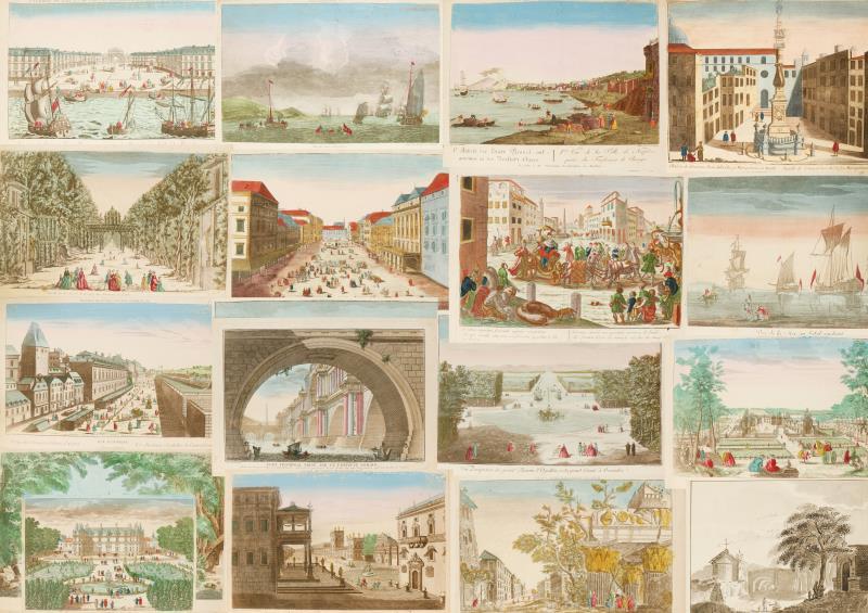 Een map gevuld met 18 opticaprenten van Italiaanse en andere steden en gebeurtenissen. Daarbij 1 sepiatekening, 19e eeuw.