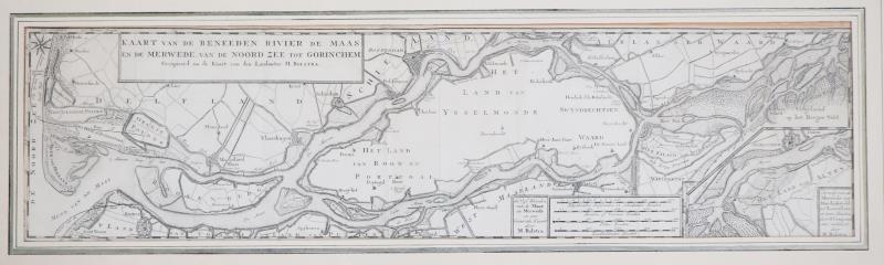 Een kopergravure; Kaart van de Beneden rivier De Maas en De Merwede van de Noordzee tot Gorichem. Ca. 1745.