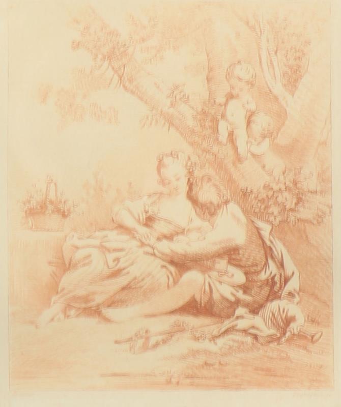 Lithografie in sanguine naar Francois Boucher (1703 - 1770).