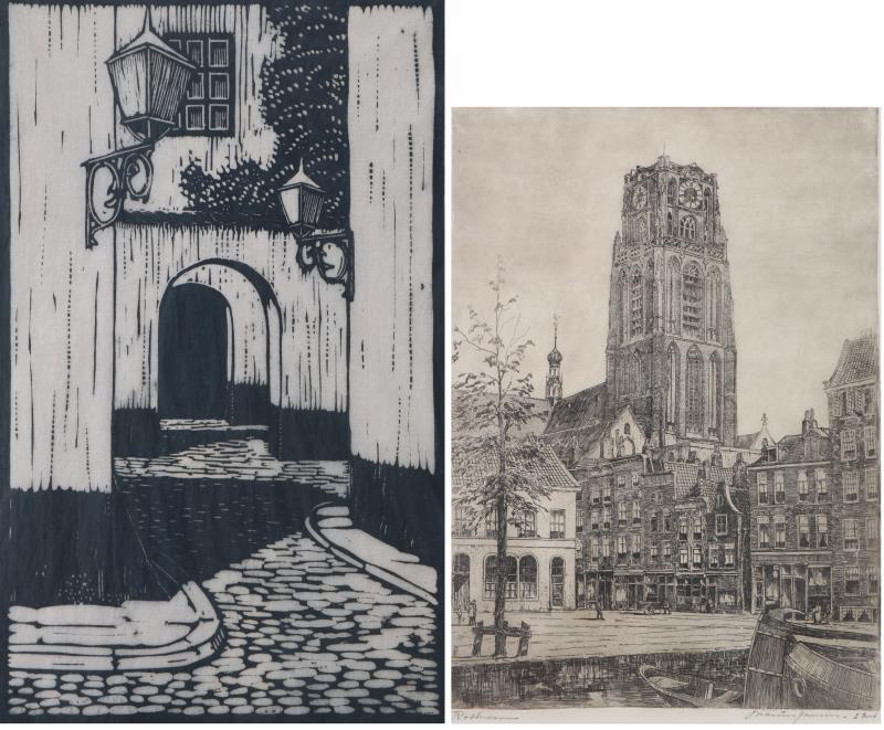 Een ets van Marius Jansen voorstellende de Laurenskerk. Daarbij een houtsnede op rijstpapier.