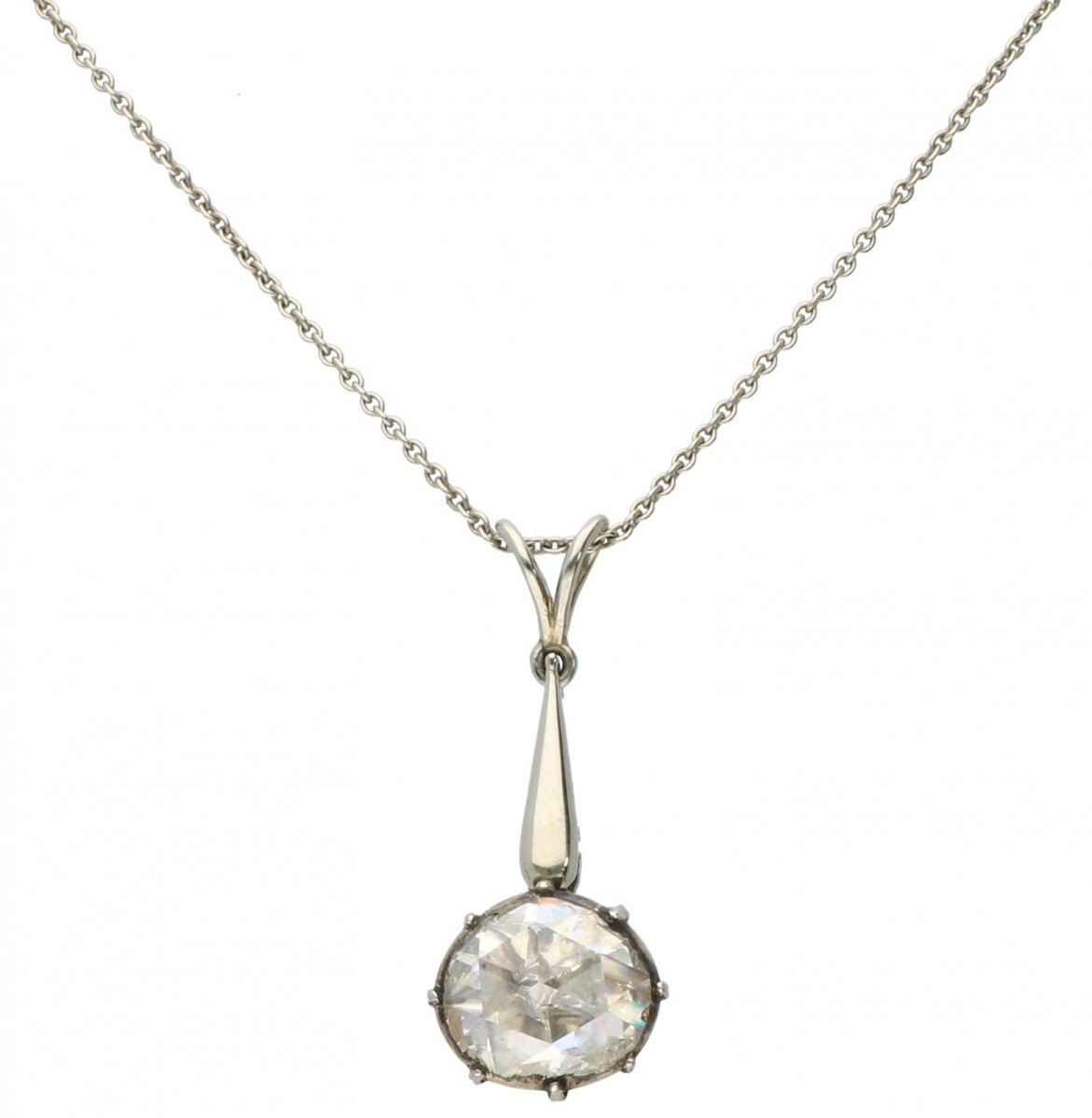 Witgoud antiek collier met hanger gezet met 1 roos geslepen diamant - 14 kt.