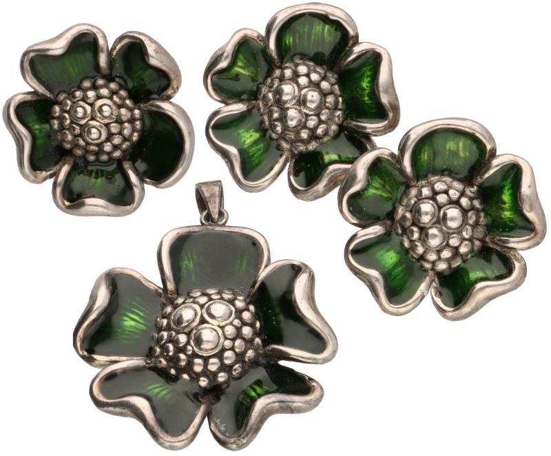 Set bloemvormige hanger/oorbellen/ring zilver, groene emaille - 925/1000.