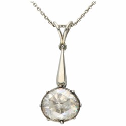 Witgoud antiek collier met hanger gezet met 1 roos geslepen diamant - 14 kt.