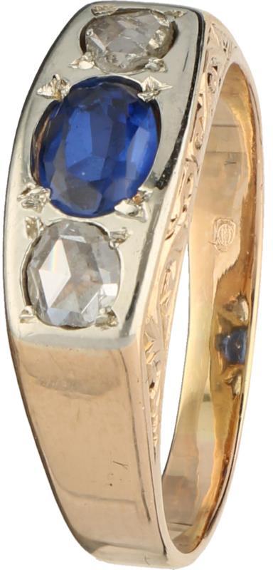 Art Deco ring geelgoud, diamant en saffier - 14 kt.