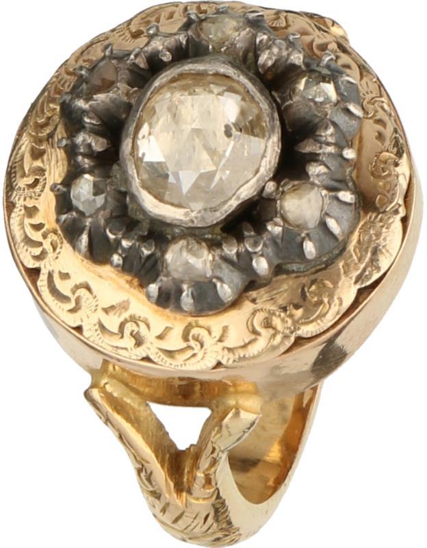 Antieke ring geelgoud, ca. 0.50 ct. diamant - 14 kt. en 925/1000.