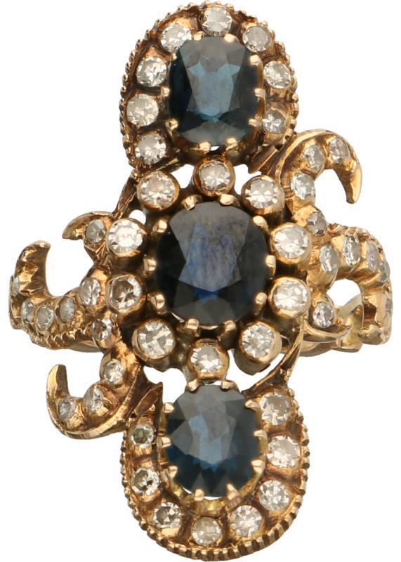 Vintage ring geelgoud, ca. 0.56 ct. diamant en saffier - 14 kt.