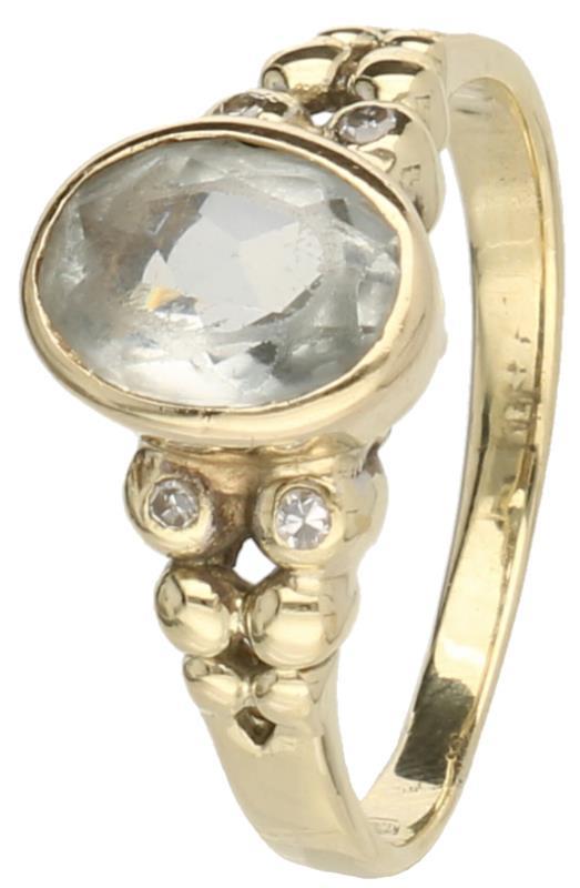 Shoulder ring geelgoud, ca. 0.02 ct. diamant en aquamarijn - 14 kt.