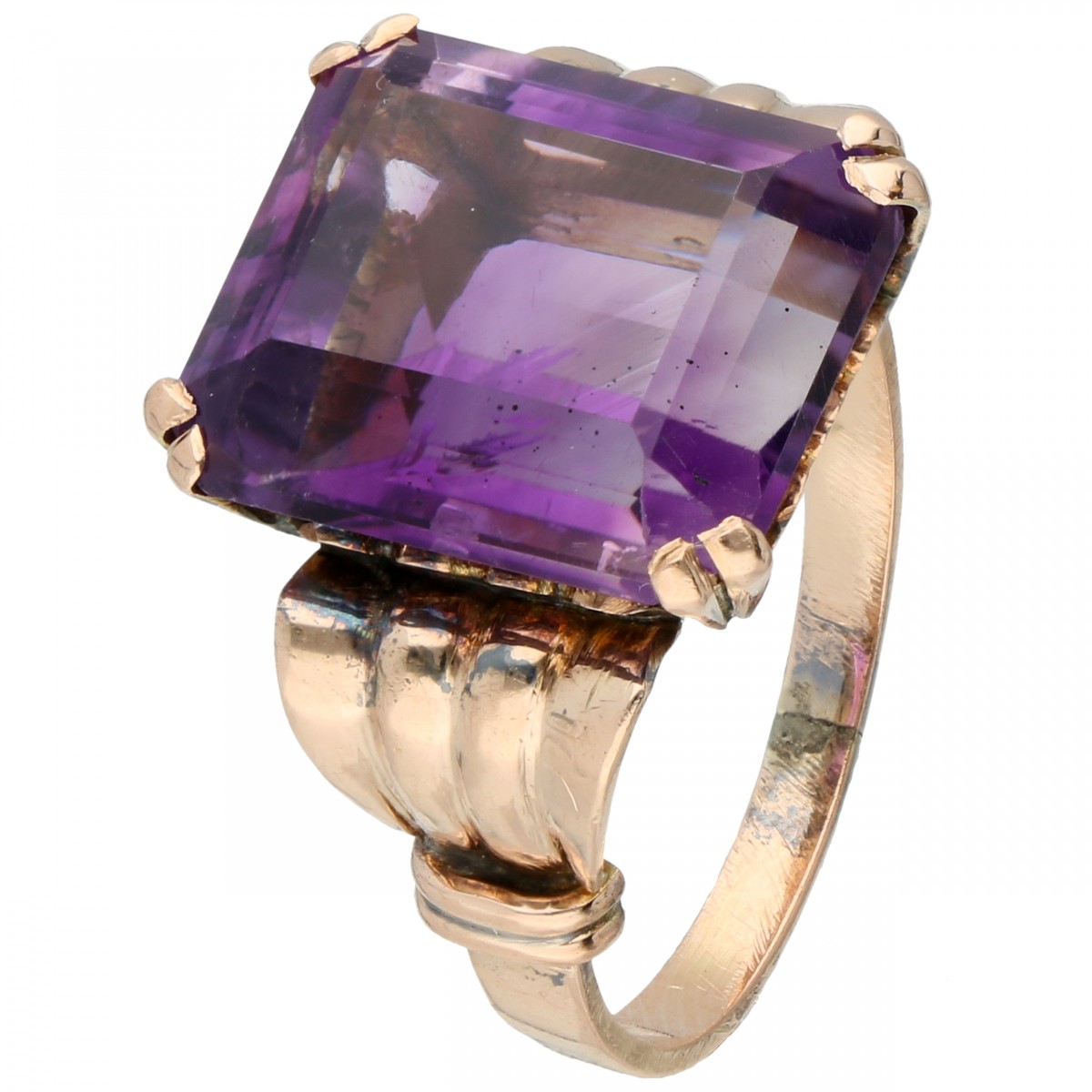 Rosegouden solitair ring, met synthetische bicolor amethist - BWG 10 kt.