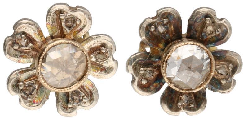 Antieke oorbellen goud/zilver, diamant - 14 kt. en 835/1000.