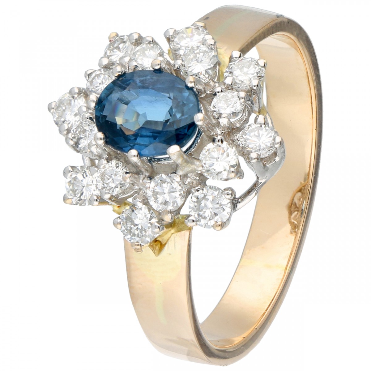 Geelgouden rozet ring, met ca. 0.68 ct. diamant en natuurlijke saffier - 18 kt.