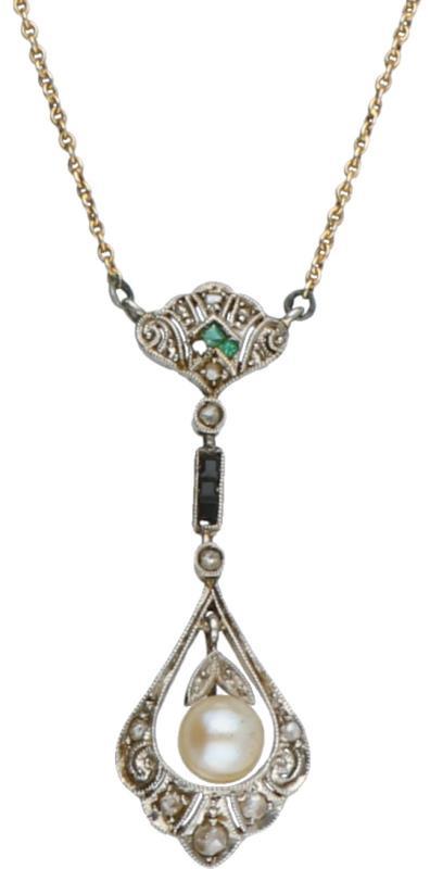 Art Deco collier met hanger geelgoud, diamant, saffier, smaragd en cultivé parel - 14 kt.