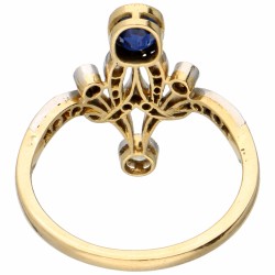 Geelgouden Art Nouveau open gewerkte ring, met ca. 0.15 ct. diamant en natuurlijke saffier - 18 kt. (Margin scheme)