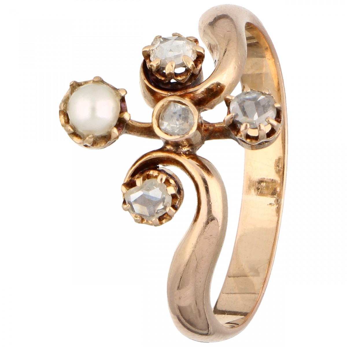 Rosegouden slagring, met diamant en cultivé parel - 14 kt.