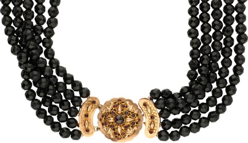 Antiek rouw collier met rosegouden sluiting, git en granaat - 14 kt.