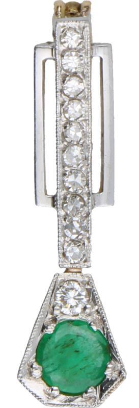 Art Deco hanger bicolor goud, ca. 0.08 ct. diamant en smaragd - 14 kt.