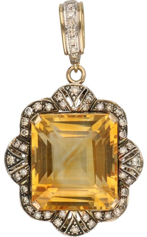 Hanger goud/zilver, ca. 0.79 ct. diamant en citrien - 14 kt. en 925/1000.