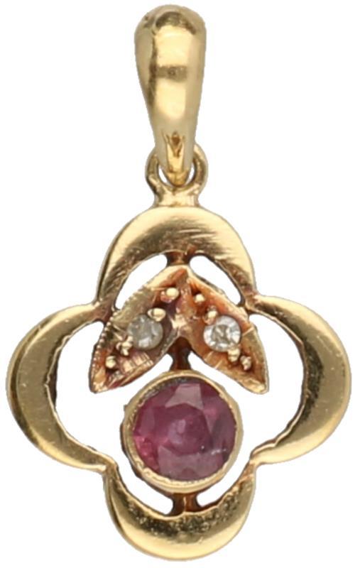Hanger geelgoud, ca. 0.01 ct. diamant en amethist - 18 kt.