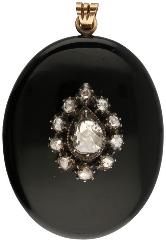 Hanger geelgoud, ca. 1.10 ct. diamant en onyx - BWG 10 kt.