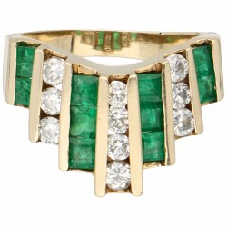 Geelgouden moderne ring bezet met ca. 0.58 ct. diamant en 1.10 ct. natuurlijke smaragd - BWG 10 kt.