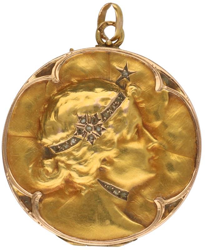 Art Nouveau medaillon geelgoud, diamant - 14 kt.