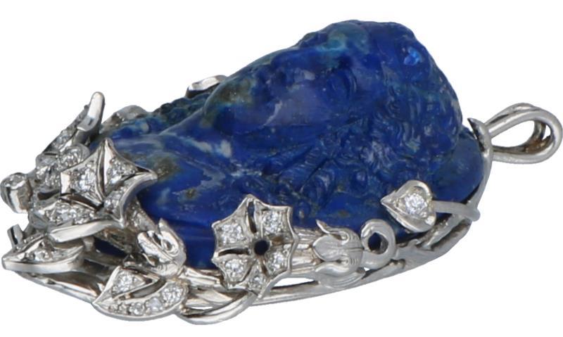 Camee hanger witgoud met platinum verguld, ca. 0.30 ct. diamant en lapis lazuli - BWG 9 kt.
