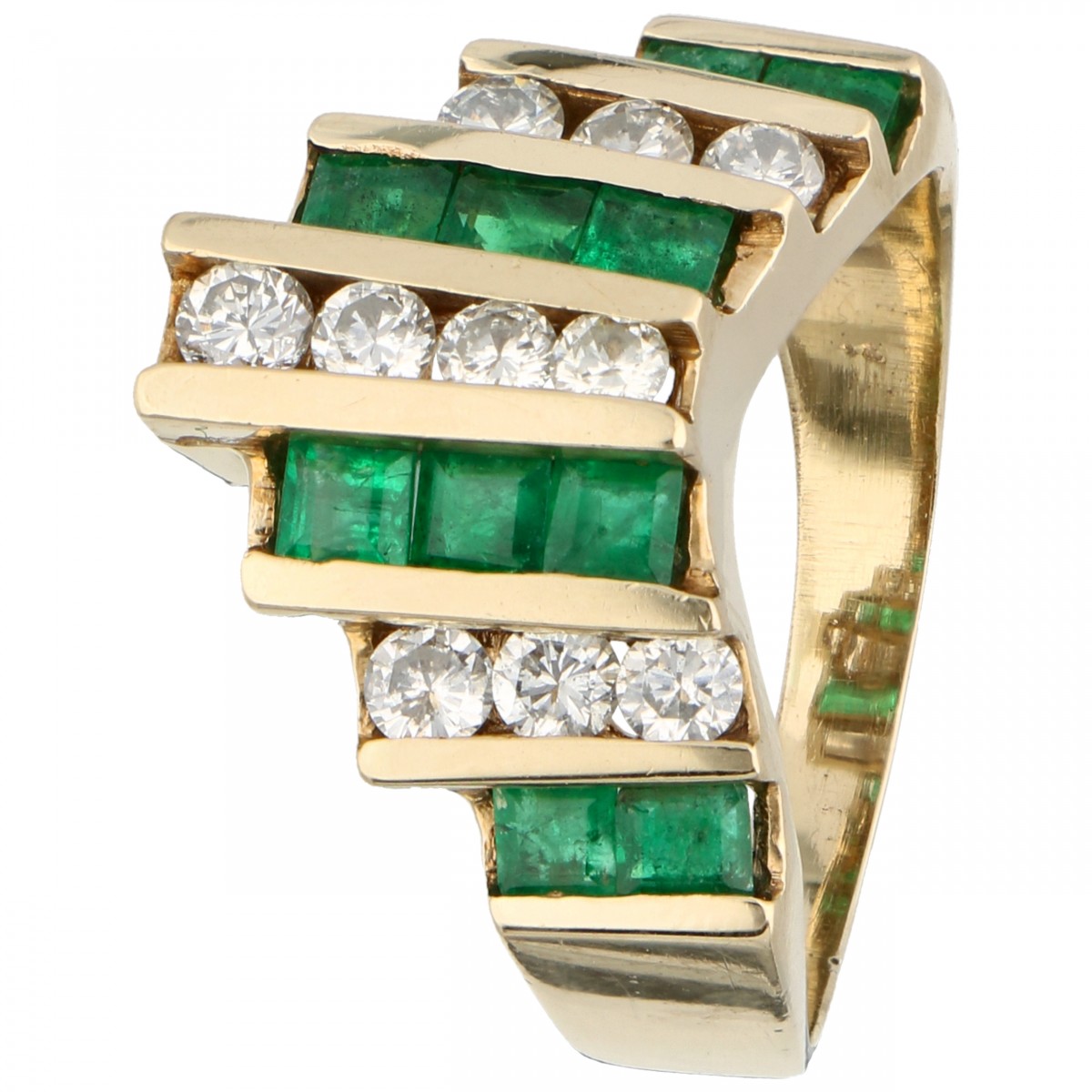 Geelgouden moderne ring bezet met ca. 0.58 ct. diamant en 1.10 ct. natuurlijke smaragd - BWG 10 kt.
