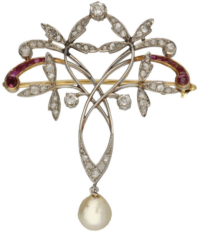 Art Nouveau broche/hanger platina, ca. 0.24 ct. diamant, robijn en parel - Pt 950.