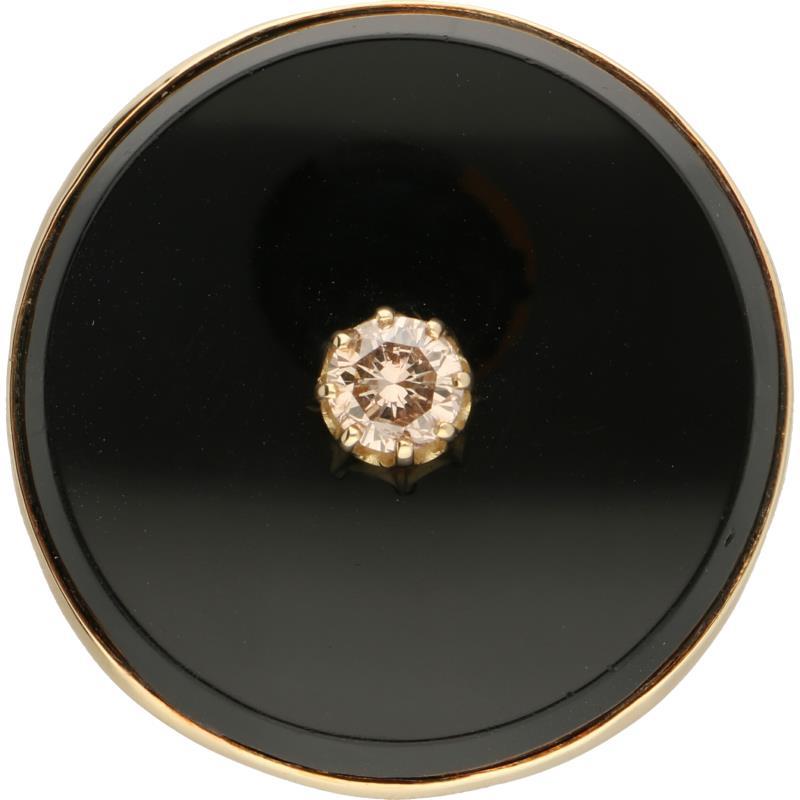 Broche geelgoud, ca. 1.00 ct. diamant en onyx - 14 kt.