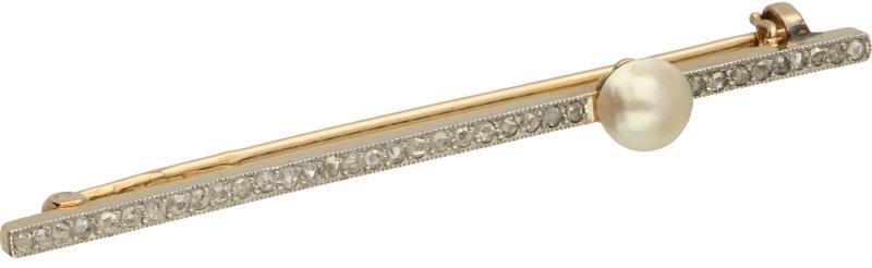 Art Deco broche geelgoud, diamant en parel - 14 kt.