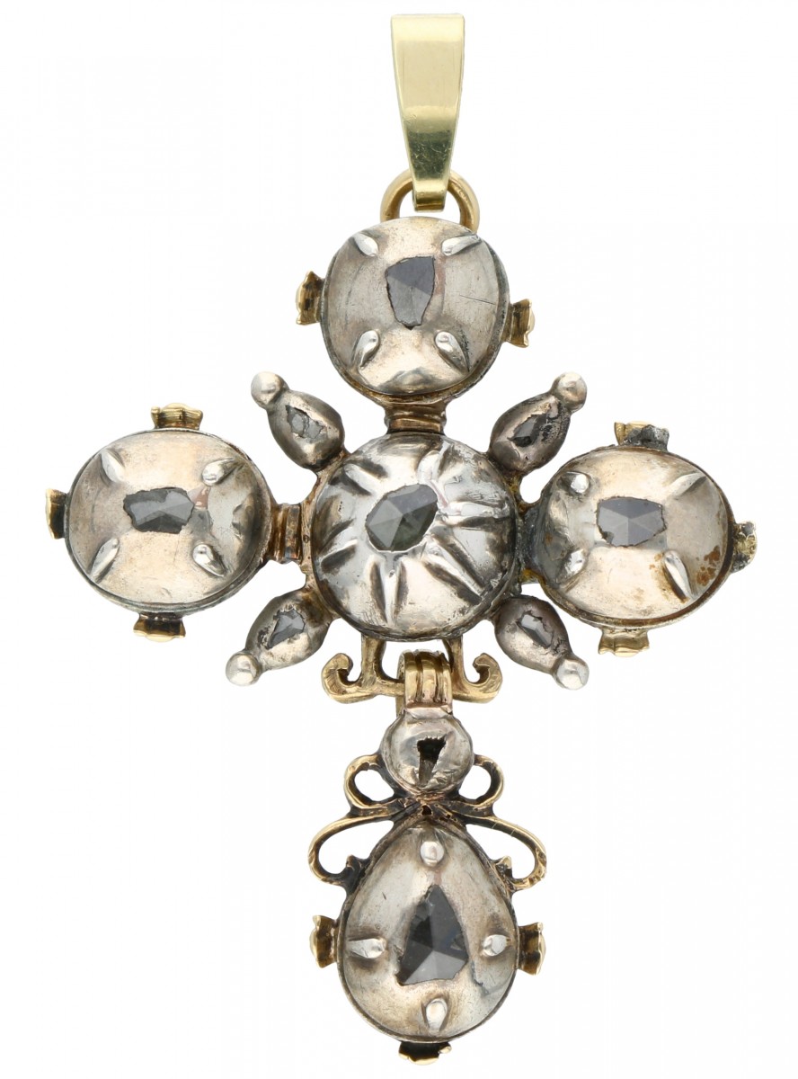 Gouden/zilveren kruisvormige hanger in Georgische stijl, met 9 roos geslepen diamanten - 14 kt. en 925/1000.