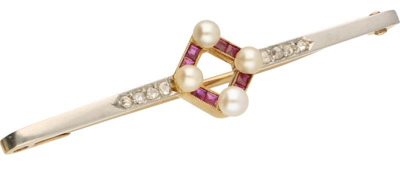 Art Deco broche bicolor goud, diamant, robijn en cultivé parel - 18 kt.