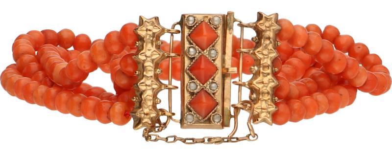 Antieke armband rosegoud, bloedkoraal en zaadparel - 14 kt.