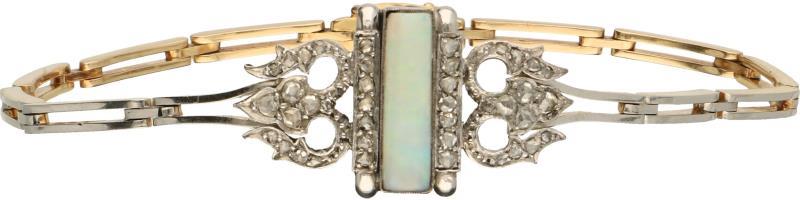 Art Deco armband bicolor goud, diamant en opaal - 14 kt.