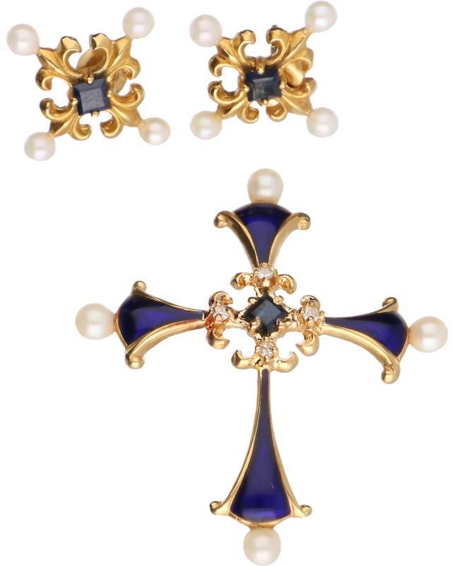 Igor Carl Fabergé set klassieke oorbellen/hanger geelgoud, ca. 0.04 ct. diamant, saffier, cultivé parel en blauwe emaille - 18 kt.